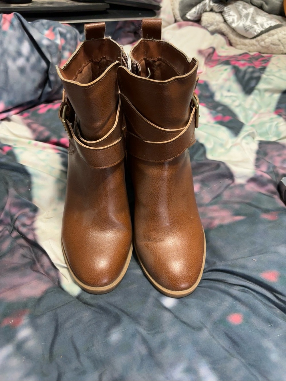 Serra Brown Faux-Leather Ankle Booties with Buckle Detail
